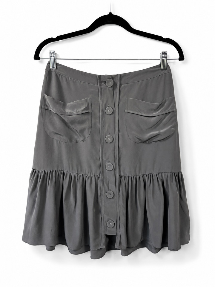 Witchery Women’s 100% Silk Grey Button Front Ruffle Hem Skirt AU 8