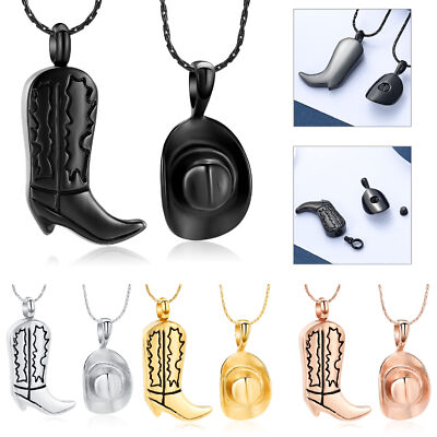 Stainless Steel Cowboy Boots Hat Set Urn Pendant Necklace for Cremation Ashes
