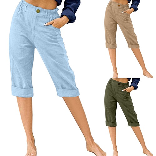 Women Hight Waist Capri Pants Casual Loose Elastic Waist Trousers Solid Summer § - Picture 4 of 24