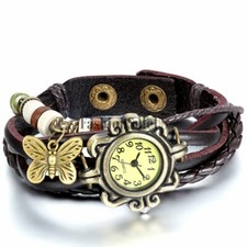Retro Women Leather Band Bracelet Butterfly Decoration Analog Quartz Wrist Watch