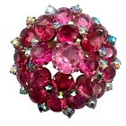 Domed Silver Tone Retro Pin 2" Vintage Pink & Ab Rhinestone Brooch