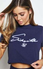 SikSilk Womens SS Crop T-Shirt Navy with White Centre Script Embroidery Logo Tee