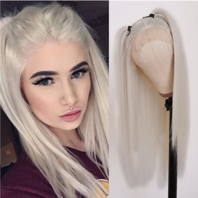 Women Glueless Synthetic Lace Front Wig Straight White Heat Resistant Hair Wigs