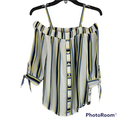 A. Byer Women's Off The Shoulder Short Tie-Sleeve Top Stripe Small NWTS