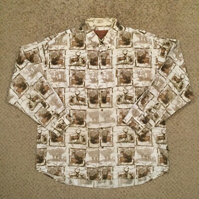 Outdoor Life Button Up Shirt Mens XXL White Deer Scenery Long Sleeve