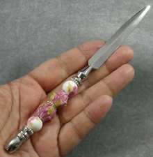 Chrome Plated Steel Pink Flower Lampwork Glass Porcelain Beaded Letter Opener