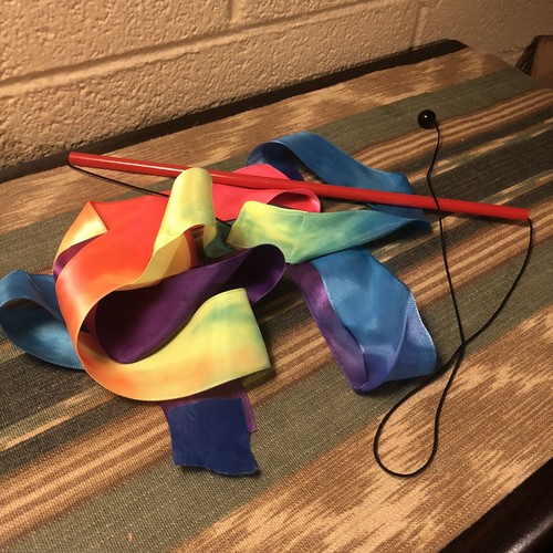 Ribbon dancing wand 6.5’ satin rainbow ribbon, weighted head, 12” handle & ball