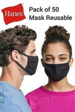 Hanes Reusable Face Masks - 50 Pack - 100 Cotton - Black - Free Shipping