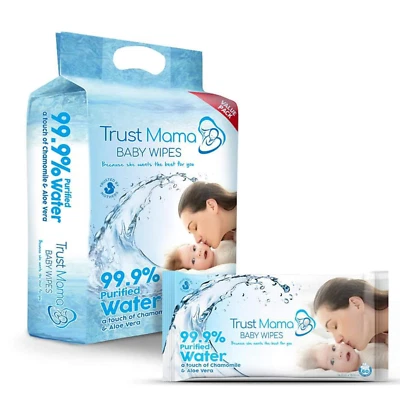 Trust Mama Baby Wipes 99.9% Pure Water Chemical Free For Sensitive Skin (4PACKS)