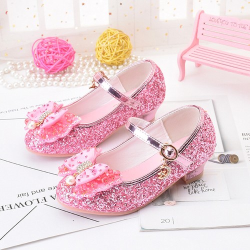 Little Flower Girl Big Kids Mary Jane Bow Sparkly Elsa Princess High Heels Shoes - Picture 20 of 27