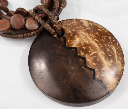 Silver Plate Multi-Strand Wood & Glass Bead Necklace w/ Wood Pendant 18-22" - Picture 7 of 14