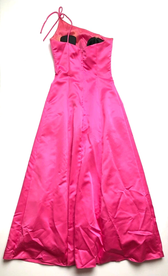 Y2K Early 2000s Asymmetrical Satin Pink Prom Wedding Formal Floor Length Dress 4 - Image 3 of 4