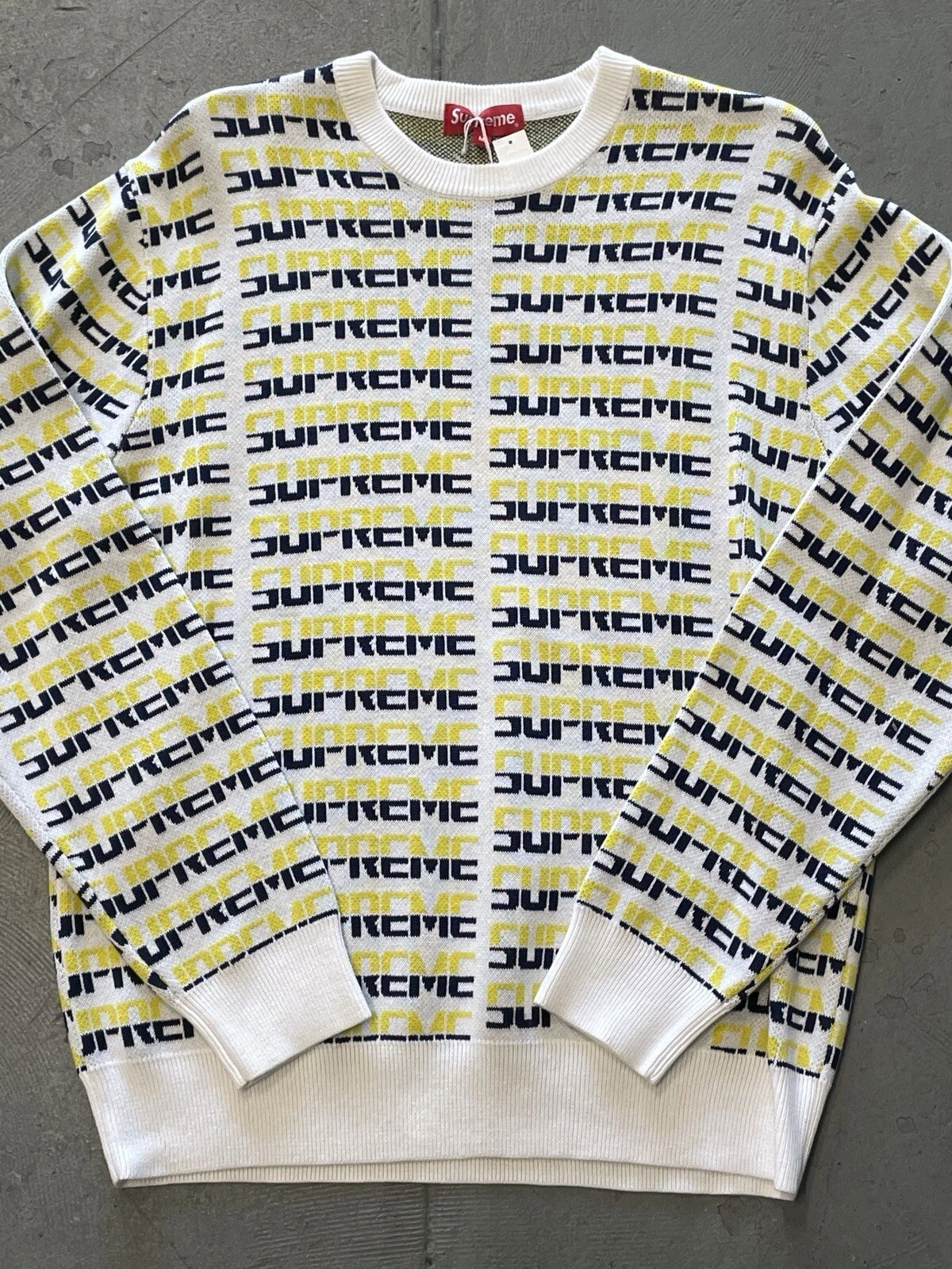 Pull en tricot F/W 2017 Supreme Repeat jaune/noir/blanc taille moyenne
