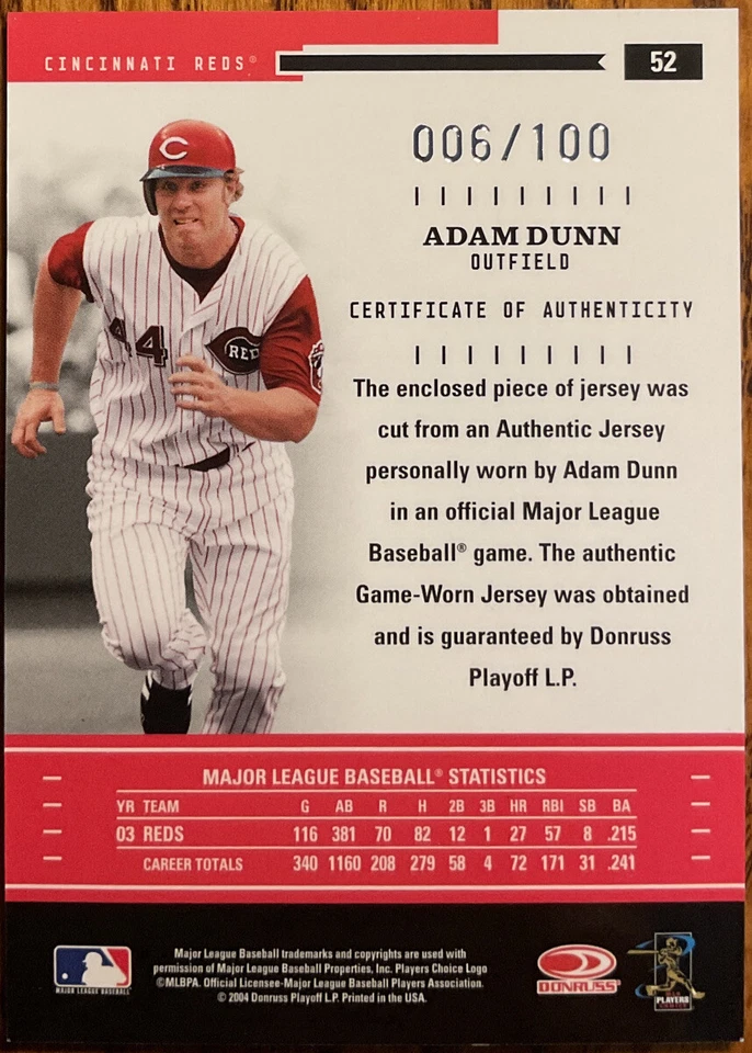 2004 Donruss Throwback Threads Materials Adam Dunn #52 #’d 006/100 - Image 2 of 2