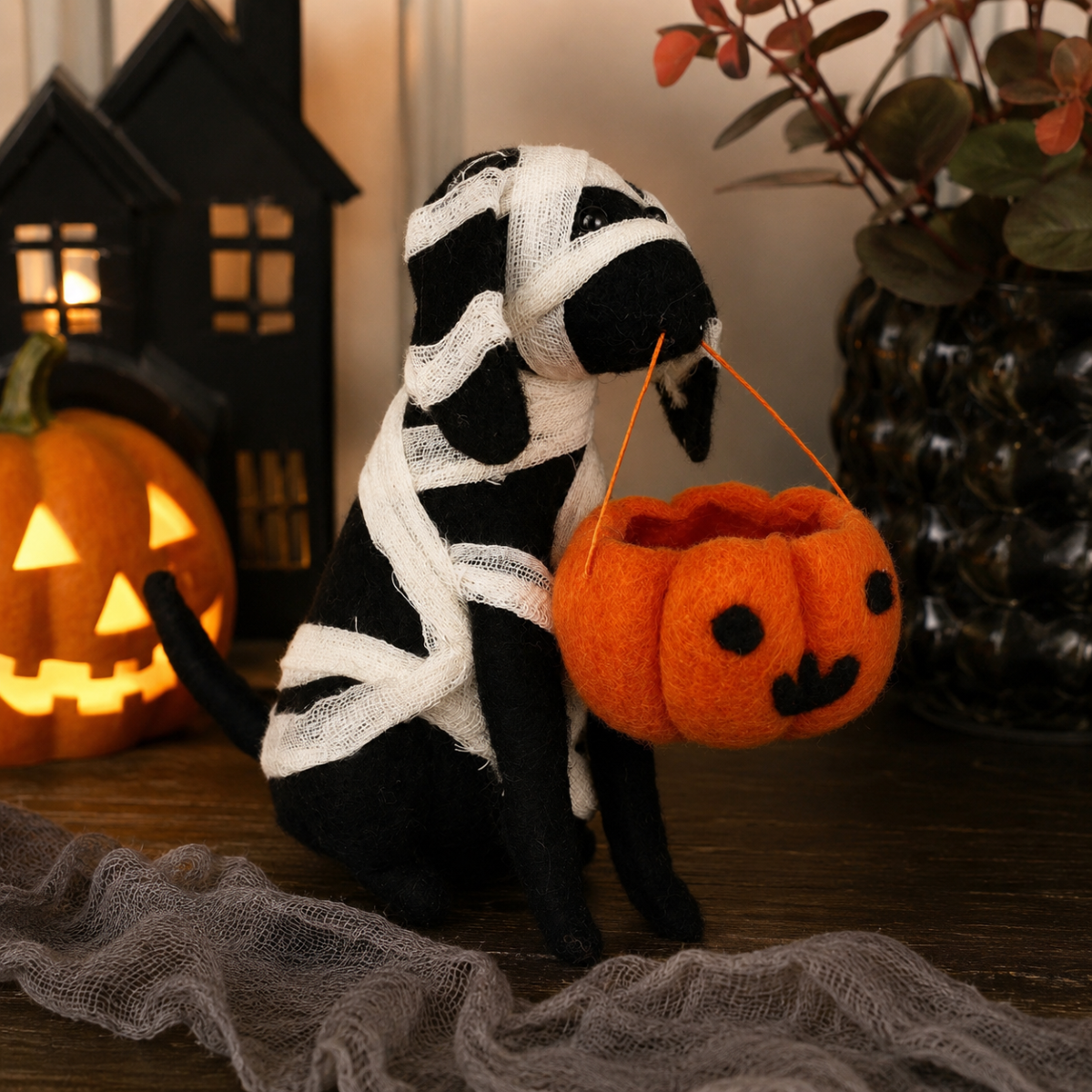 Halloween Mummy Design Dog with Pumpkin Basket Decoration Felt Novelty Ornament