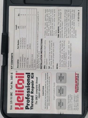 3/8-16 Heli-Coil #5401-6 Professional Thread Repair Kit
