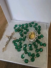 VTG Italian Saint Jude Green Silver Tone Glass Bead Crucifix Rosary Religious 
