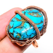 Copper Blue Turquoise Gemstone Copper Wire Wrap Gift Ring Size 8 Gift for Her d2