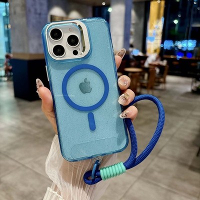 For iPhone 16e 16 Pro Max 15 14 13 12 Magnetic Bling Stand Mag Safe Case+Strap
