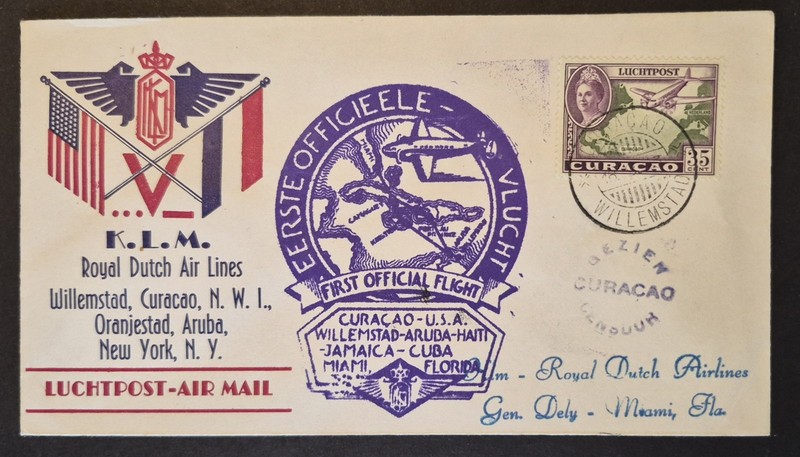 1943 First Flight Curacao Miami Florida KLM Royal Dutch Airlines Air Mail Cover