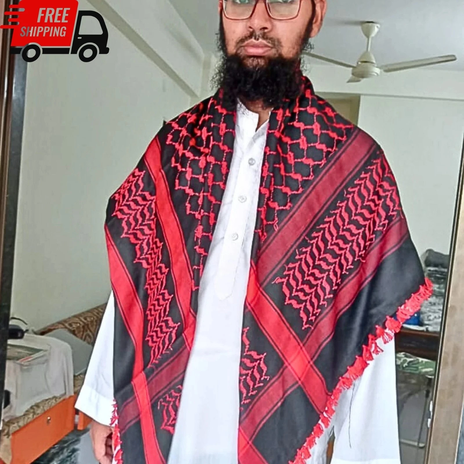 Palestine Keffiyeh Scarf Red Black Cotton Arab Shemagh Tassel 48x48
