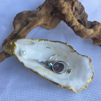 Hand-Collected Natural Oyster Shell Jewelry Dish Pearl Gold-Trim Coastal Decor