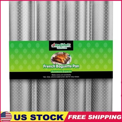 Non-Stick Perforated Baguette Pan Heavy Duty Carbon Steel Baking Tray 4-Well New