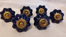  6 Vintage Porcelain Ceramic Pumpkin Cabinet Door Knobs Cobalt Blue  Brass X 