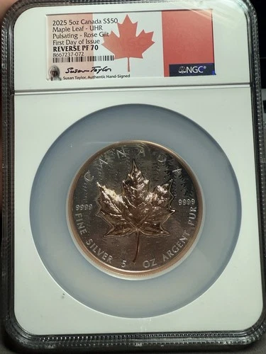 2025 Canada Maple Pulsating Rose Gold Gild 5 oz Silver NGC PF70 Reverse Proof