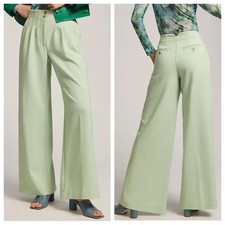 Maeve Anthropologie High-Rise Wide-Leg Pants Pale Green Pleats Preppy Stretch- 4