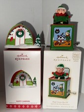 2 Hallmark Keepsake Ornaments Happy Campers &  Pop! Goes the Elf Jack-In-Box