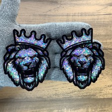 Lion Badges Emblem Orange Eye Holographic Flake Ed., 2 Badges, Car Fender Angry
