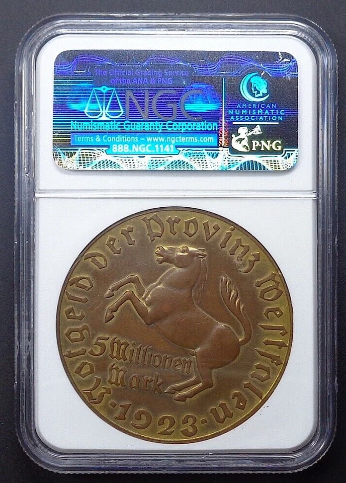 1923 Weimar Germany - Westphalia Gilt-Bronze 5 Million Mark Notgeld, NGC AU 58. - Image 2 of 4
