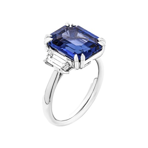 Bague Trois Pierres En Platine 950 - Saphir Bleu & Moissanite Blanche - Taille 7 - Sur Mesure