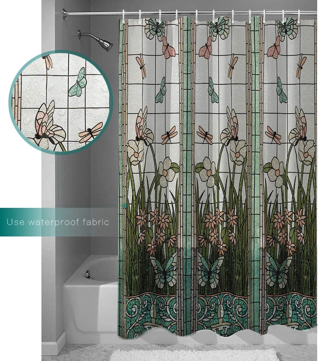 EZONCH Waterproof Shower Curtain Stained Glass Meadow Flower Dragonfly
