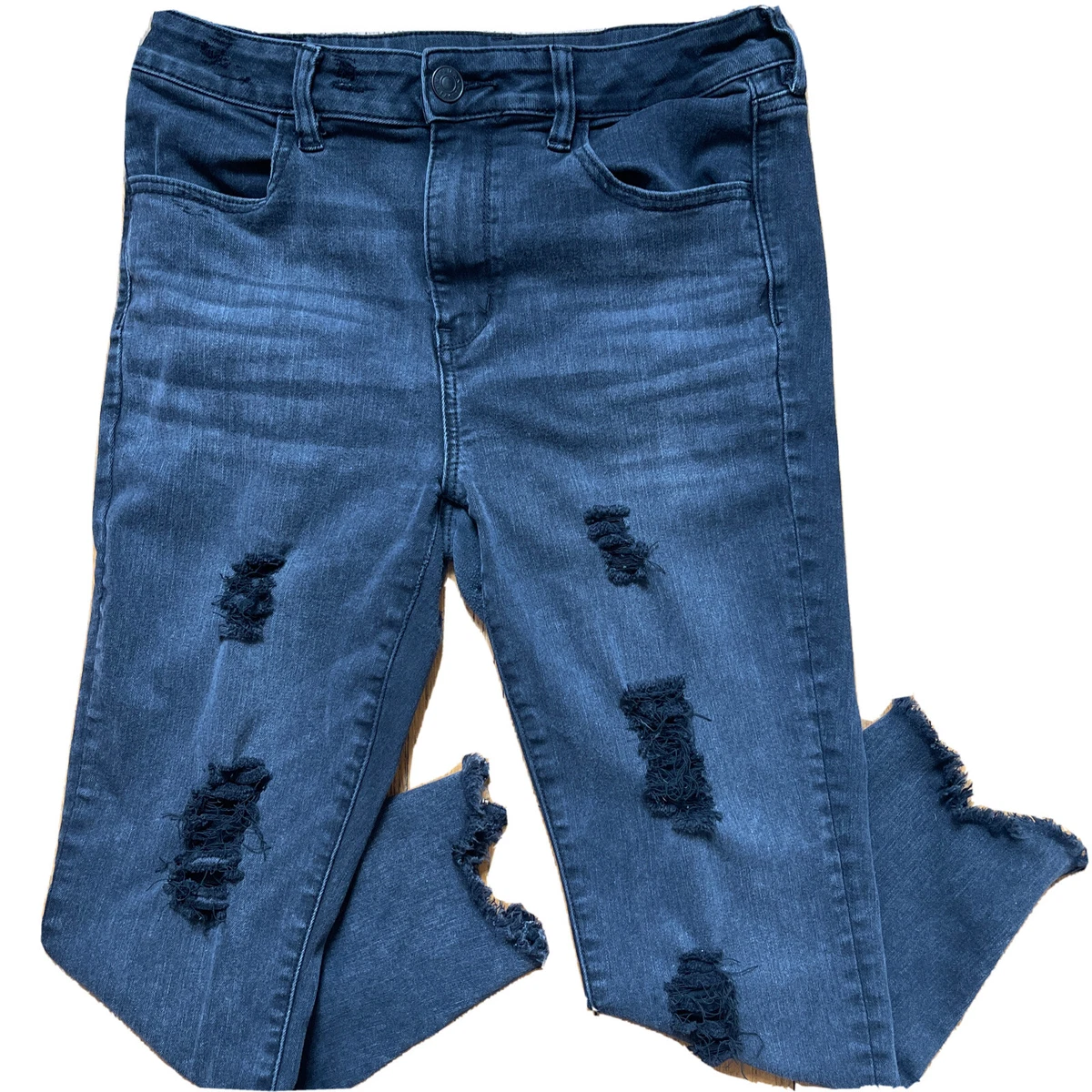 American Eagle Black Distressed Hi Rise 12 S Short Shredded Raw Zip Hem Jeans