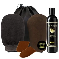 Tan Physics Self Tanner, 8 Fl oz w/ Face & Body Mitts by Sans-Sun w/ Travel Bag