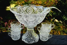 EAPG Cambridge #2351 Star Diamond Sawtooth 11" Punch Bowl 5" Stand 6 Cups Ladle