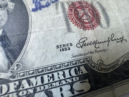 1953 $2 UNITED STATES Note RED Seal | Short SNORTER - Signature, Names? - Picture 3 of 4
