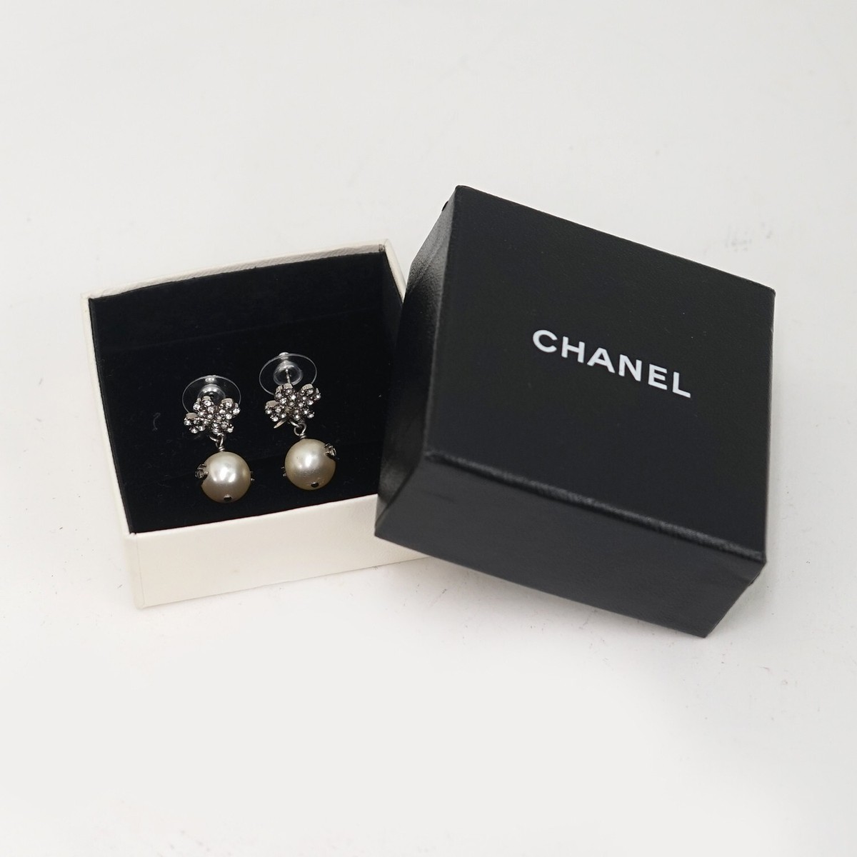 CHANEL CC Logos Rhinestone Pearl Clover Dangle Earrings