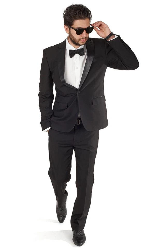 Pantalones ajustados negros de un botón de esmoquin con solapa de pico delanteros planos para hombre de AZAR MAN Foto 2 de 4