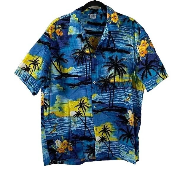 Palmwave Hawaiian Button Up Shirt Surfer Ocean Palm Trees Tropical Collared