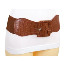 Women Brown Wide Elastic Band Fashion Belt Hip Waist Big Square Buckle Size S M