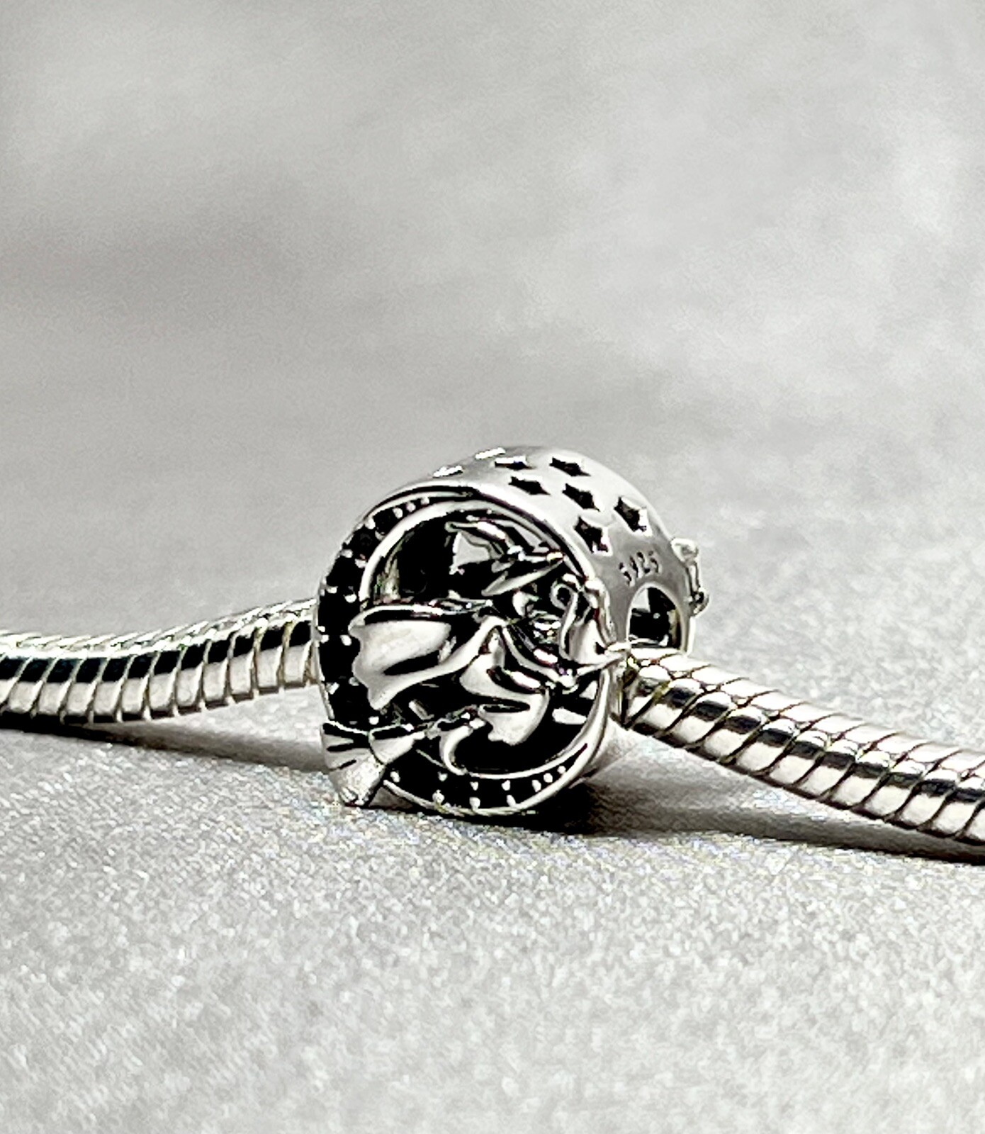 Witch On Broom Charm Bead Flying Halloween Cat Genuine 925 Sterling Silver Gift