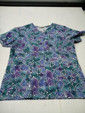 CREST Scrub Top V-Neck Short Sleeve Pale Blue Hearts Print Style 102 Sz M