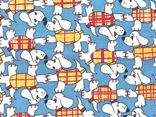 Cotton Fabric Medium Weight Dog Blue Red Yellow by 1/2 Yard