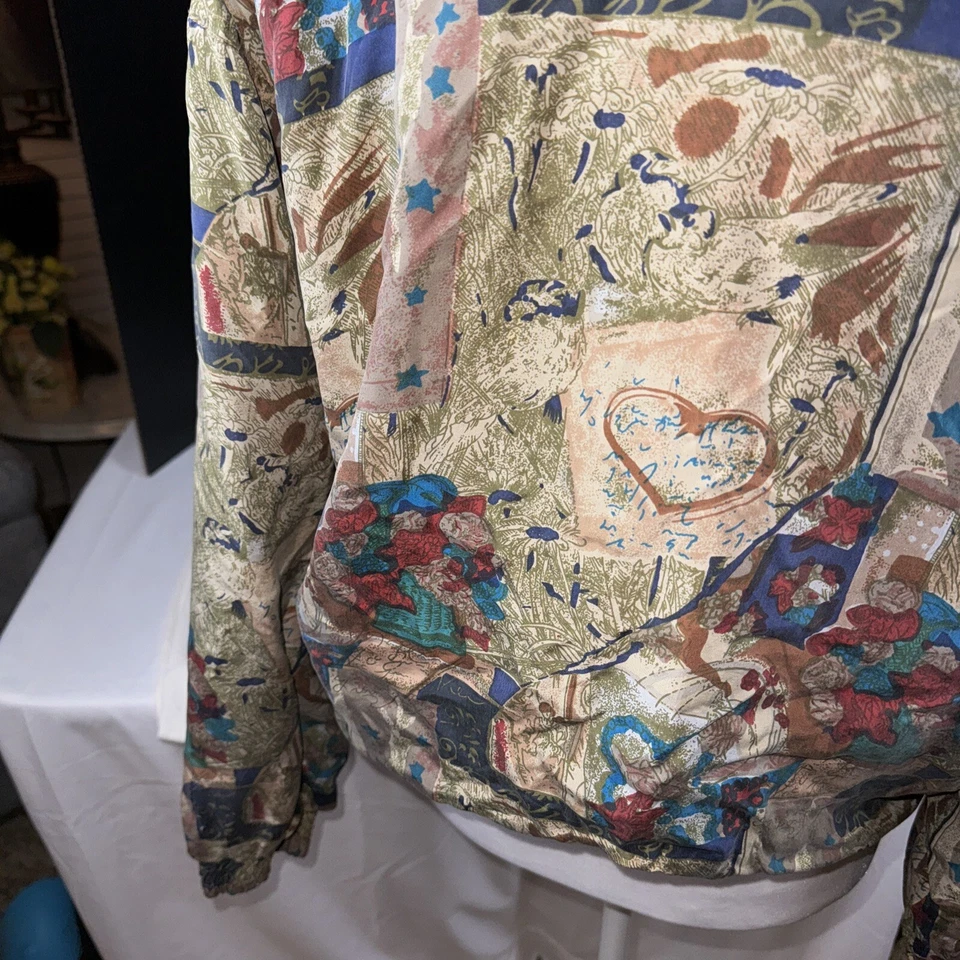 Винтажный шелк куртка женщин маленький 80-х 90-х печать синий зеленый ржавчины Fuda International - Изображение 3 из 4
