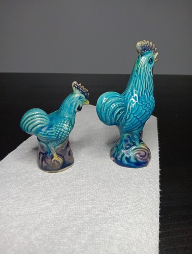 Lot Of 2 Vtg Chinese Antique Early 20th Century Turquoise Blue Glazed Roosters - Picture 5 of 13