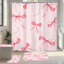Pink Bow Shower Curtain Set 4Pcs Cute Girly Bathroom Set with Rugs Beautiful G