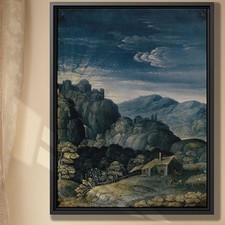 Vintage Watercolor Mountain Castle Animal Chickens Canvas Print Wall Art Decor